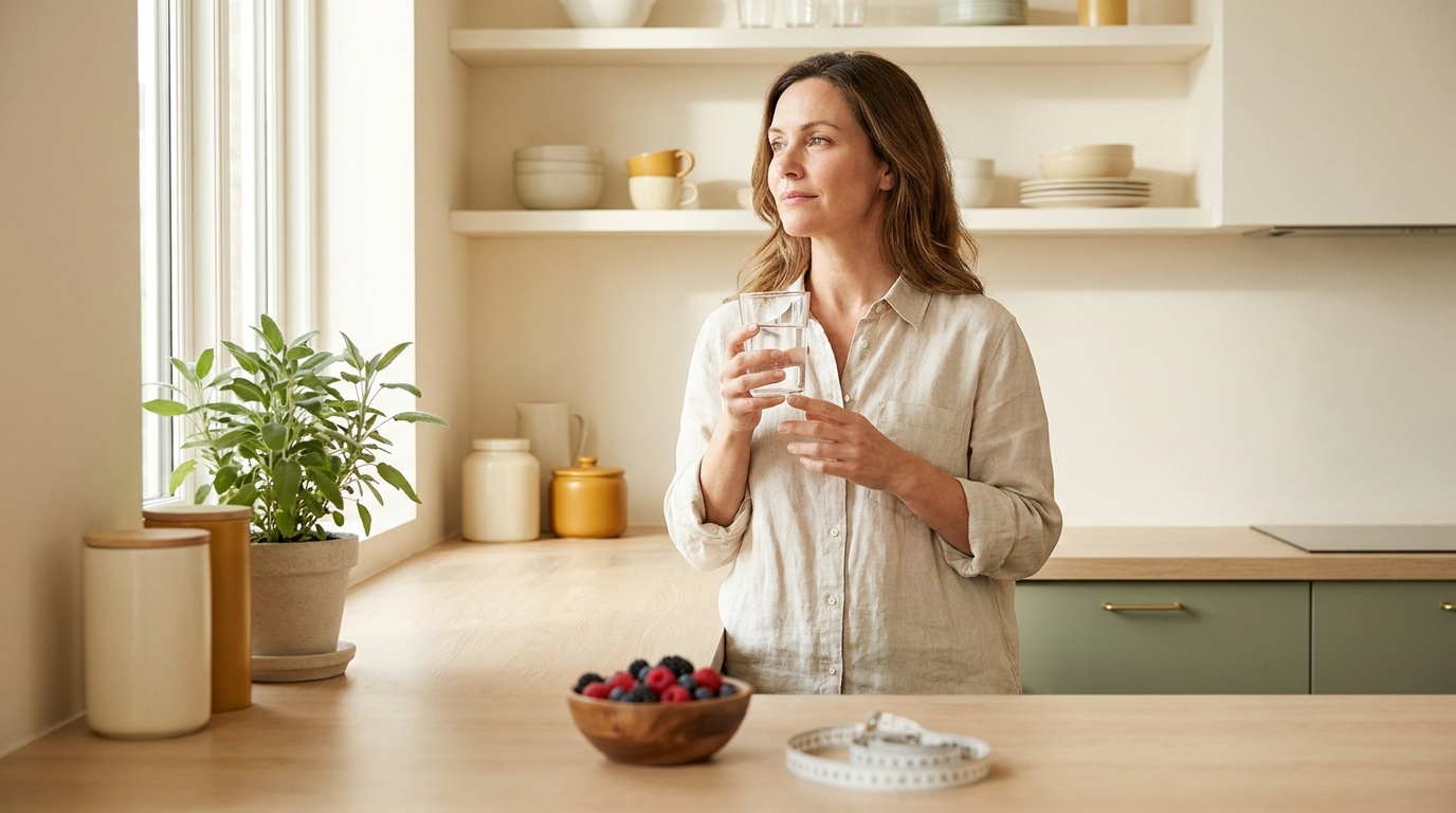 A woman in her forties at home, calm and post-GLP-1 stable